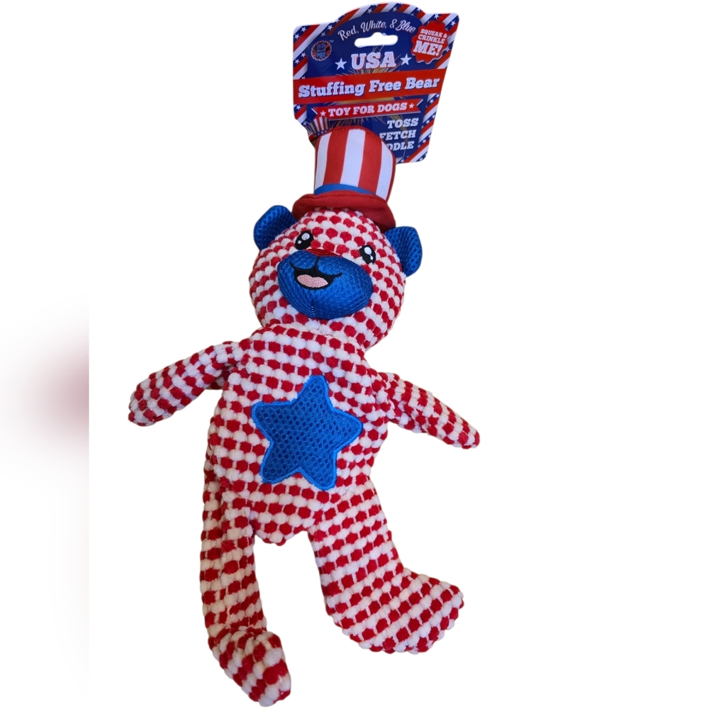 Patriotic Bear Red, White and Blue Stuffing-Free, Stimulating DogToy by BOW-WOW